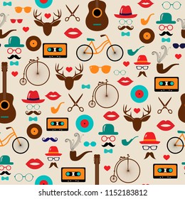 Hipster Colorful Retro Vintage Vector Seamless Pattern. Illustrations of hats, glasses, lips and moustaches.