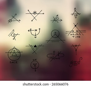 Hipster colorful supreme magic line freehand positive progress signs and labels on blurred background