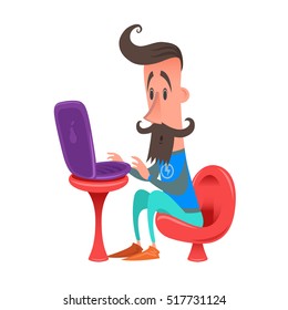 Hipster computer. fatal error. Hipster in red chair. Laptop on a table. Mustache beard fashionable style.