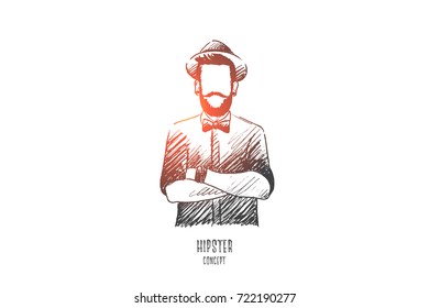 Hipster concept. Hand drawn man in hipster style. Male person with beard and hat isolated vector illustration.