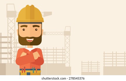 A hipster construction worker wearing hard hat for protection of his head. Working concept. A Contemporary style with pastel palette, soft beige tinted background. Vector flat design illustration