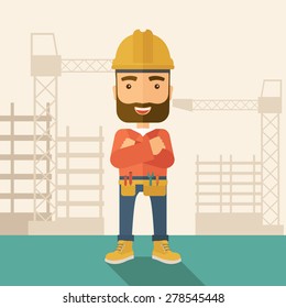 A hipster construction worker wearing hard hat for protection of his head. Working concept. A Contemporary style with pastel palette, soft beige tinted background. Vector flat design illustration