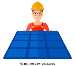 A Hipster Constructor With Solar Pannel In Hands Vector Flat Design Illustration Isolated On White Background. Horizontal Layout.