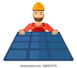 A Hipster Constructor With Solar Pannel In Hands Vector Flat Design Illustration Isolated On White Background. Horizontal Layout.