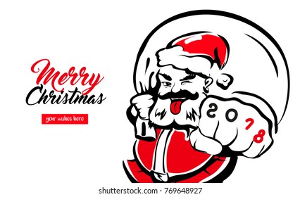 Hipster cool Santa Claus, greeting card 2018 place for your wishes. father christmas in red hat. Merry X-mas. The concept banner calendar postcard invitation. Vector illustration isolated