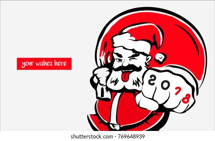 Hipster cool Santa Claus, greeting card 2018 place for your wishes. father christmas in red hat. Merry X-mas. The concept banner calendar postcard invitation. Vector illustration isolated