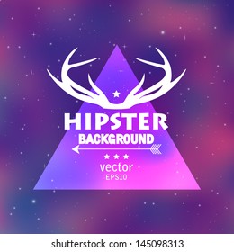 Hipster cosmic background for your retro design. Poster with multicolored space triangular label and deer horns. Vector illustration.
