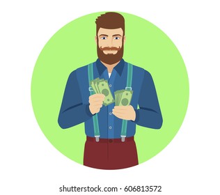 Hipster counts the cash money. Portrait of hipster in a flat style. Vector illustration.