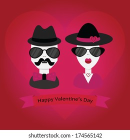 Hipster couple in black and pink with hat and sun glasses - with Happy Valentine's Day message on ribbon banner, and red background