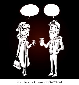 Hipster couple drinking coffee outdoor. Hand drawn cartoon vector illustration.