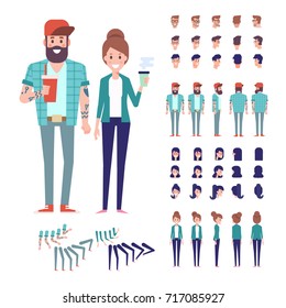 Hipster couple. Front, side, back, 3/4 view animated characters. Constructor with various views, hairstyles. Cartoon style, flat vector illustration.