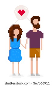 Hipster couple is in love and holding hands. Pixel art for Valentine's day