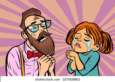 Hipster couple man and woman crying and praying. Comic cartoon pop art retro illustration vector drawing