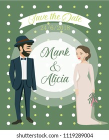 hipster couple smiling together on wedding invitation card , flat cartoon vector isolated with green polka got background.