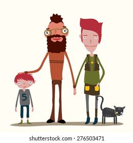 A hipster couple with their boy and cat.