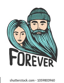 hipster couple vector for t shirt printing. Doodle. Vector Illustration Hand drawn cartoon character. Hipster man with mustache, beard with girl. Graphic tee and printed tee