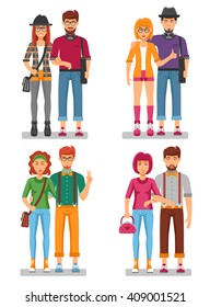 Hipster couples concept of young trendy people with gestures in stylish colorful clothes isolated vector illustration