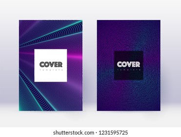 Hipster cover design template set. Neon abstract lines on dark blue background. Cool cover design. Overwhelming catalog, poster, book template etc.