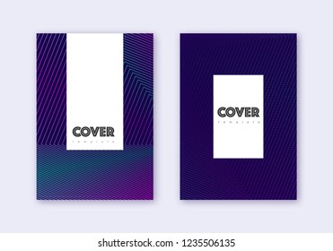 Hipster cover design template set. Neon abstract lines on dark blue background. Classic cover design. Creative catalog, poster, book template etc.