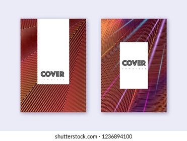 Hipster cover design template set. Orange abstract lines on wine red background. Classic cover design. Glamorous catalog, poster, book template etc.