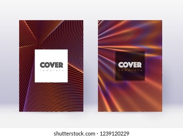 Hipster cover design template set. Orange abstract lines on wine red background. Creative cover design. Authentic catalog, poster, book template etc.