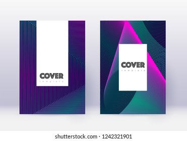 Hipster cover design template set. Neon abstract lines on dark blue background. Classic cover design. Appealing catalog, poster, book template etc.