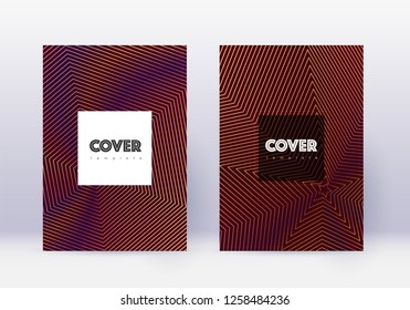 Hipster cover design template set. Orange abstract lines on wine red background. Creative cover design. Bold catalog, poster, book template etc.