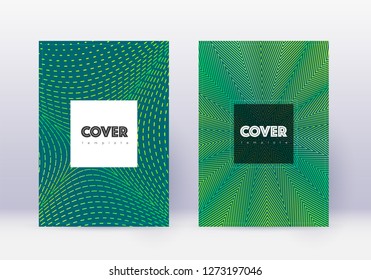 Hipster cover design template set. Green abstract lines on dark background. Cool cover design. Ecstatic catalog, poster, book template etc.