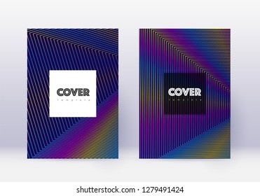Hipster cover design template set. Rainbow abstract lines on dark blue background. Creative cover design. Incredible catalog, poster, book template etc.