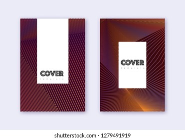 Hipster cover design template set. Orange abstract lines on wine red background. Classic cover design. Majestic catalog, poster, book template etc.