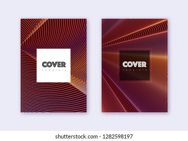 Hipster cover design template set. Orange abstract lines on wine red background. Creative cover design. Alluring catalog, poster, book template etc.
