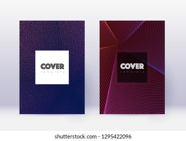Hipster cover design template set. Violet abstract lines on dark background. Curious cover design. Grand catalog, poster, book template etc.