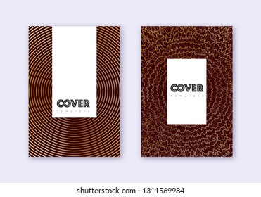Hipster cover design template set. Gold abstract lines on maroon background. Charming cover design. Fascinating catalog, poster, book template etc.