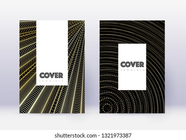 Hipster cover design template set. Gold abstract lines on black background. Charming cover design. Bewitching catalog, poster, book template etc.