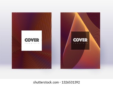 Hipster cover design template set. Orange abstract lines on wine red background. Cool cover design. Unusual catalog, poster, book template etc.
