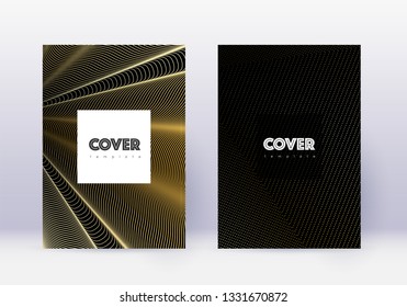 Hipster cover design template set. Gold abstract lines on black background. Comely cover design. Mesmeric catalog, poster, book template etc.