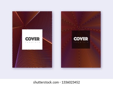 Hipster cover design template set. Orange abstract lines on wine red background. Cool cover design. Symmetrical catalog, poster, book template etc.