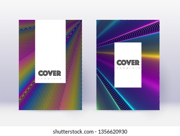 Hipster cover design template set. Rainbow abstract lines on dark blue background. Classic cover design. Sublime catalog, poster, book template etc.