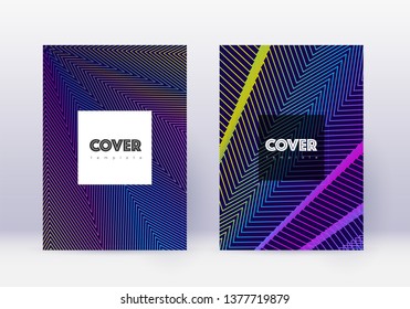 Hipster cover design template set. Rainbow abstract lines on dark blue background. Creative cover design. Fetching catalog, poster, book template etc.