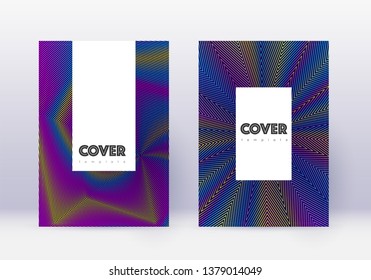 Hipster cover design template set. Rainbow abstract lines on dark blue background. Classic cover design. Worthy catalog, poster, book template etc.