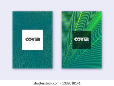 Hipster cover design template set. Green abstract lines on dark background. Cool cover design. Emotional catalog, poster, book template etc.