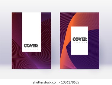 Hipster cover design template set. Violet abstract lines on dark background. Comely cover design. Breathtaking catalog, poster, book template etc.