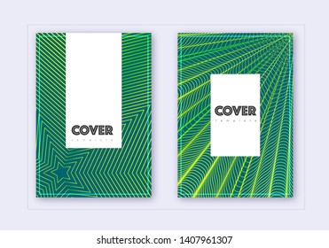 Hipster cover design template set. Green abstract lines on dark background. Charming cover design. Valuable catalog, poster, book template etc.