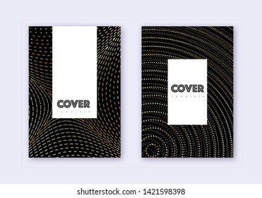 Hipster cover design template set. Gold abstract lines on black background. Captivating cover design. Surprising catalog, poster, book template etc.