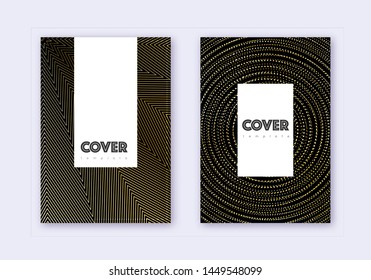 Hipster cover design template set. Gold abstract lines on black background. Charming cover design. Creative catalog, poster, book template etc.