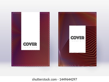 Hipster cover design template set. Orange abstract lines on wine red background. Classic cover design. Modern catalog, poster, book template etc.