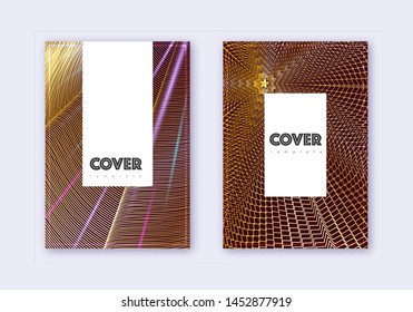 Hipster cover design template set. Gold abstract lines on maroon background. Charming cover design. Divine catalog, poster, book template etc.