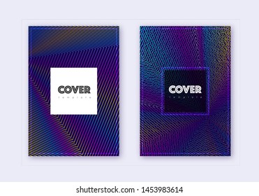 Hipster cover design template set. Rainbow abstract lines on dark blue background. Creative cover design. Favorable catalog, poster, book template etc.