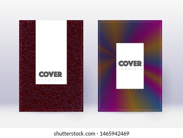 Hipster cover design template set. Rainbow abstract lines on wine red background. Classy cover design. Exquisite catalog, poster, book template etc.