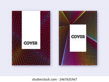 Hipster cover design template set. Rainbow abstract lines on wine red background. Classy cover design. Exotic catalog, poster, book template etc.